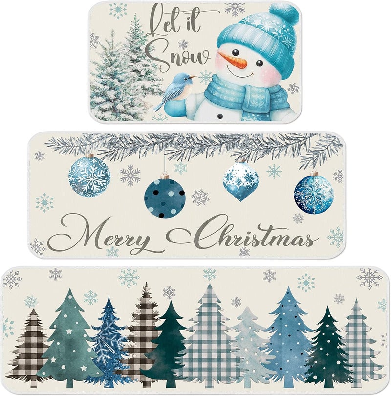Layhit 3 Pcs Blue Snowman Christmas Kitchen Rugs and Mats Set Let It Snow Winter Kitchen Mats Absorbent Anti Fatigue Snowflakes Mat for Xmas Party Home Decor 20'' x 59'',20'' x 47'',20'' x 32'' - Image 1